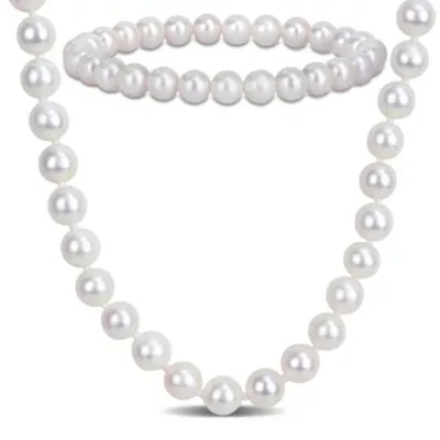 2 Piece Set of 7-7.5mm Freshwater Cultured Pearl Necklace Beaded & Elastic Bracelet in Sterling Silver, 18"