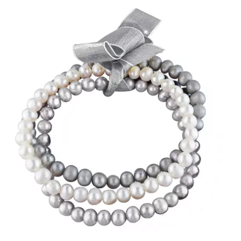 3 Pc Set of 5-5.5MM Freshwater Cultured Pearl White & Grey Potato Elastic Bracelet, 7.5"