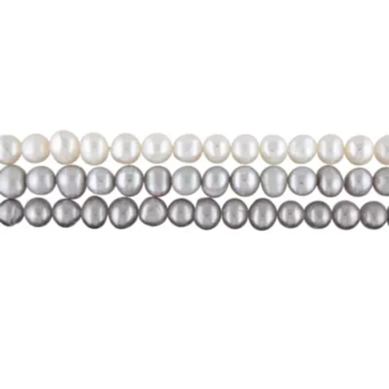 3 Pc Set of 5-5.5MM Freshwater Cultured Pearl White & Grey Potato Elastic Bracelet, 7.5"