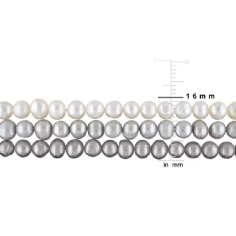 3 Pc Set of 5-5.5MM Freshwater Cultured Pearl White & Grey Potato Elastic Bracelet, 7.5"