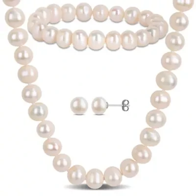 3 Piece Set of 8-9mm Freshwater Cultured Pearl Bracelet, Earrings & Necklace in Sterling Silver, 16" & 7 "