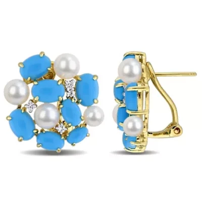 Created Turquoise, White Sapphire & 4-5.5MM Freshwater Cultured Pearl LeverBack Earrings in Yellow Plated Sterling Silver