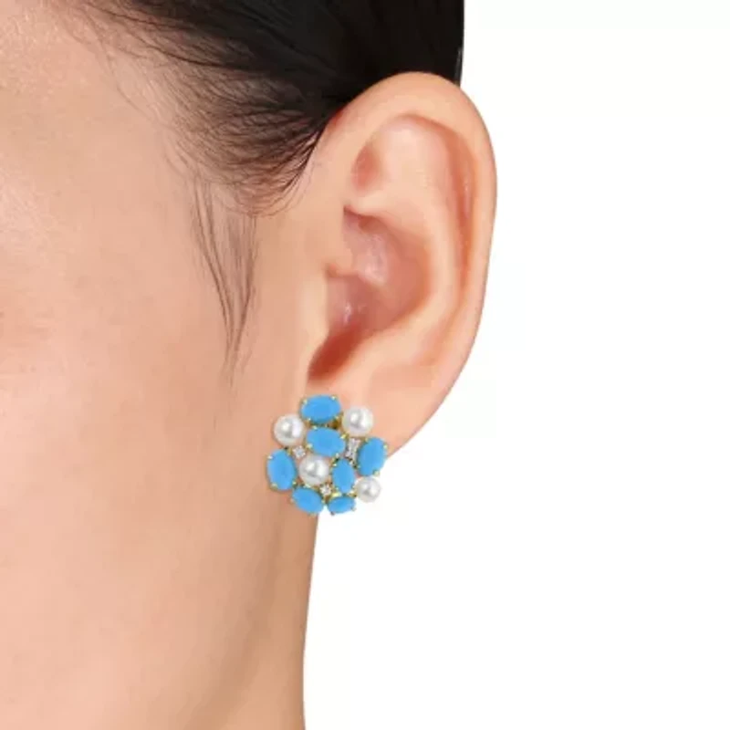 Created Turquoise, White Sapphire & 4-5.5MM Freshwater Cultured Pearl LeverBack Earrings in Yellow Plated Sterling Silver