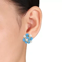 Created Turquoise, White Sapphire & 4-5.5MM Freshwater Cultured Pearl LeverBack Earrings in Yellow Plated Sterling Silver