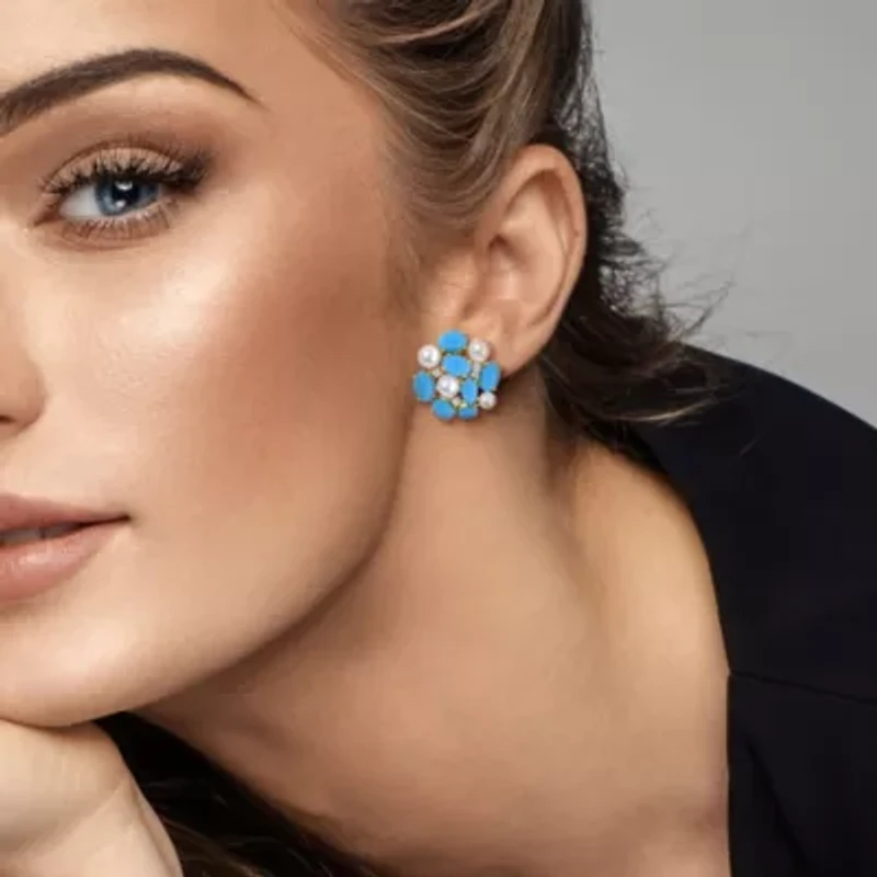Created Turquoise, White Sapphire & 4-5.5MM Freshwater Cultured Pearl LeverBack Earrings in Yellow Plated Sterling Silver