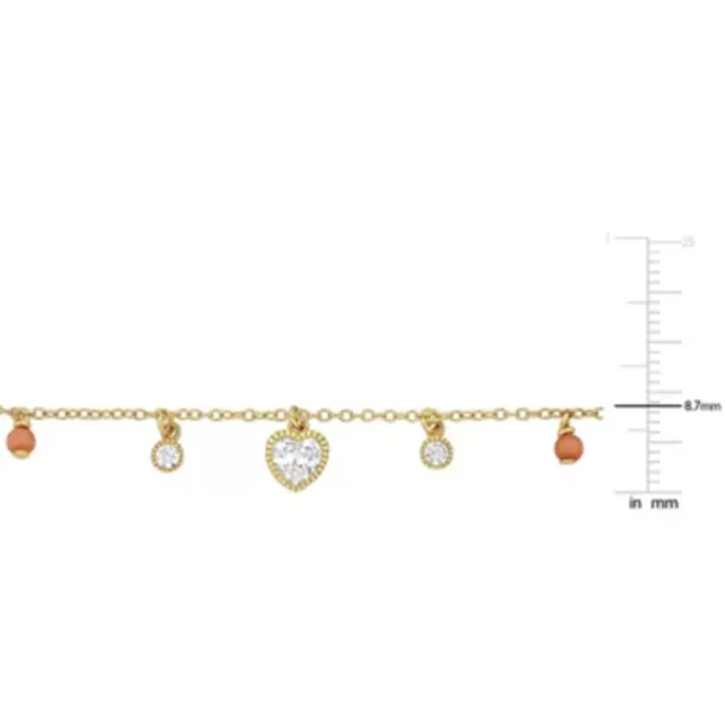 Lab Created Created White Sapphire & Pink Bead Station Necklace in Yellow Plated Sterling Silver, 16"+2"ext.