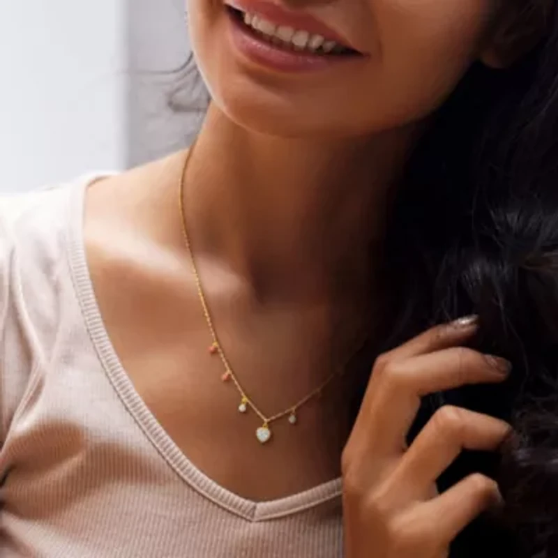 Lab Created Created White Sapphire & Pink Bead Station Necklace in Yellow Plated Sterling Silver, 16"+2"ext.