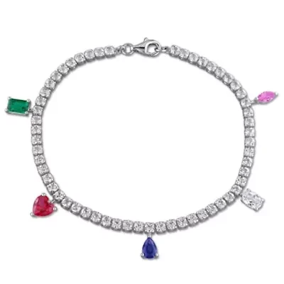 Lab Created Created Emerald, Ruby, Blue, Pink & White Sapphire Bracelet in Sterling Silver, 7.25"