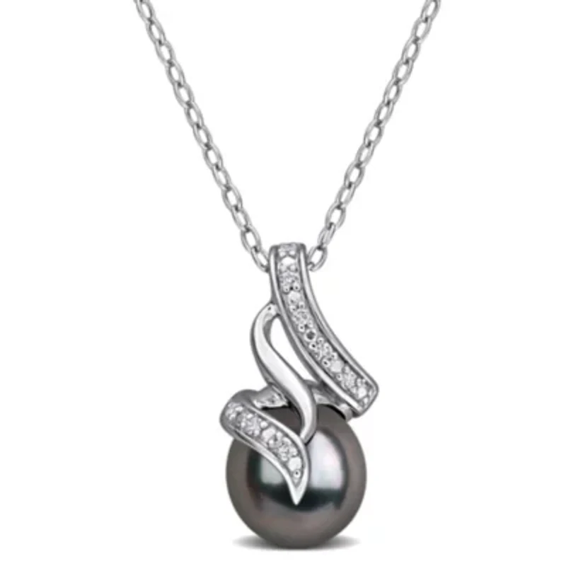 Diamond 8-8.5MM Black Tahitian Cultured Pearl Pendant With Chain in Sterling Silver, 18"