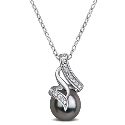Diamond 8-8.5MM Black Tahitian Cultured Pearl Pendant With Chain in Sterling Silver, 18"