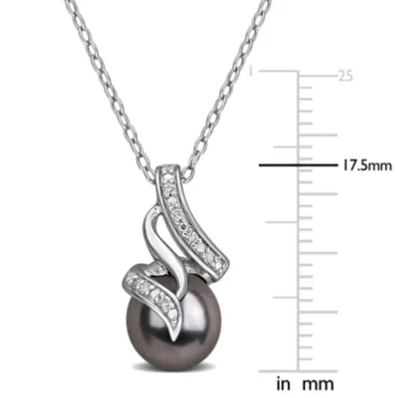 Diamond 8-8.5MM Black Tahitian Cultured Pearl Pendant With Chain in Sterling Silver, 18"