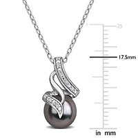 Diamond 8-8.5MM Black Tahitian Cultured Pearl Pendant With Chain in Sterling Silver, 18"