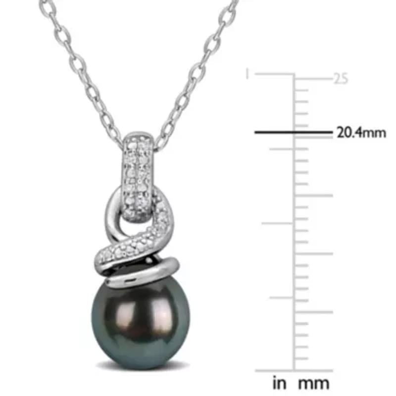 Diamond 8-8.5MM Black Tahitian Cultured Pearl Pendant With Chain in Sterling Silver, 18"