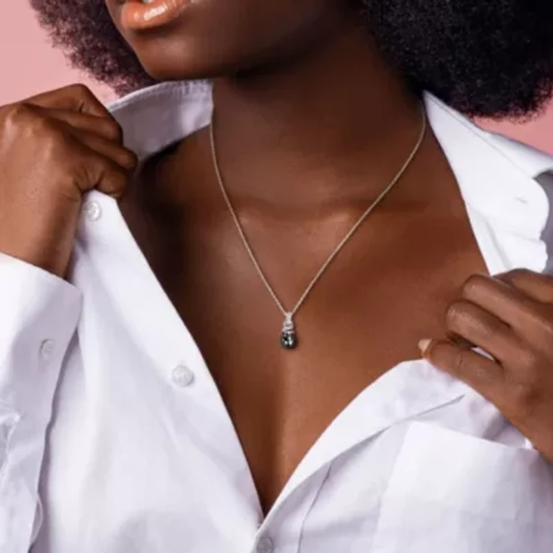 Diamond 8-8.5MM Black Tahitian Cultured Pearl Pendant With Chain in Sterling Silver, 18"