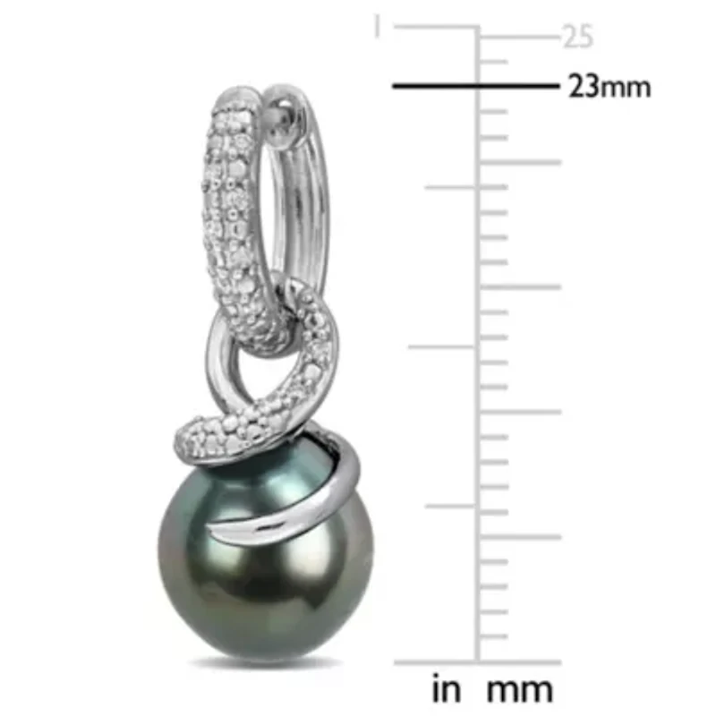 Diamond 8-8.5MM Black Tahitian Cultured Pearl Hoop Earrings in Sterling Silver