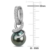 Diamond 8-8.5MM Black Tahitian Cultured Pearl Hoop Earrings in Sterling Silver