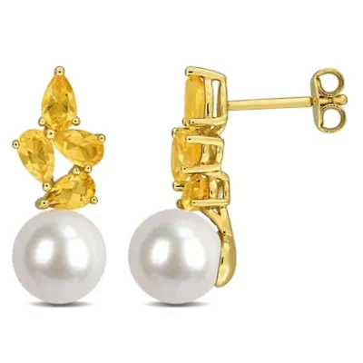 Citrine & 8-8.5MM Freshwater Cultured Pearl Drop Earrings in Yellow Plated Sterling Silver