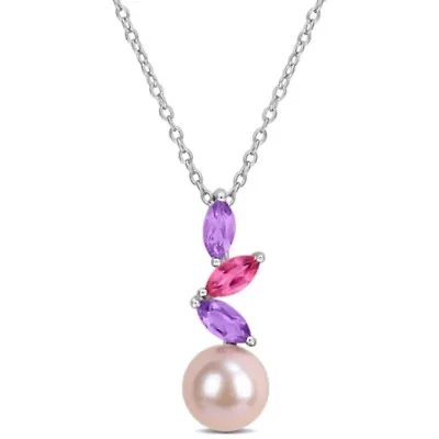 Amethyst-Africa, Pink, White Topaz & 8-8.5MM Pink Freshwater Cultured Pearl Pendant With Chain in Sterling Silver, 17"