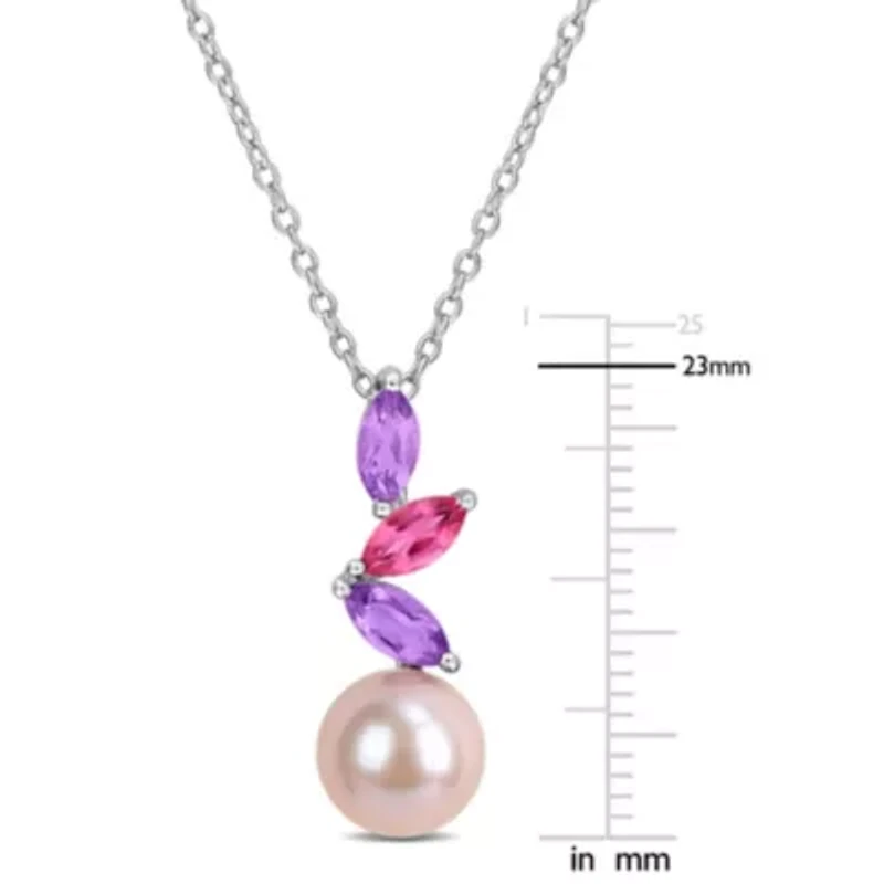 Amethyst-Africa, Pink, White Topaz & 8-8.5MM Pink Freshwater Cultured Pearl Pendant With Chain in Sterling Silver, 17"