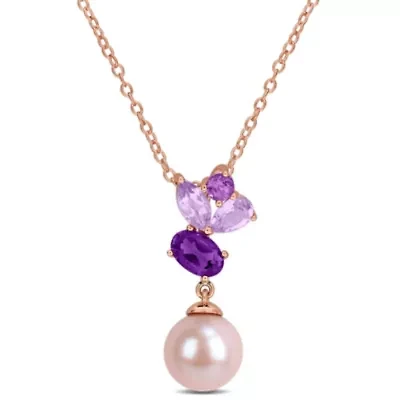 Rose de France, Amethyst-Africa, & 8-8.5MM Pink Freshwater Cultured Pearl Pendant With Chain in Rose Plated Sterling Silver, 17"