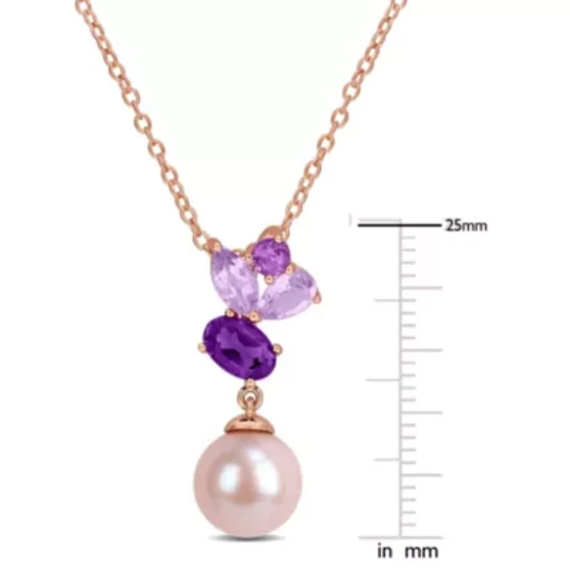 Rose de France, Amethyst-Africa, & 8-8.5MM Pink Freshwater Cultured Pearl Pendant With Chain in Rose Plated Sterling Silver, 17"