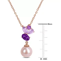 Rose de France, Amethyst-Africa, & 8-8.5MM Pink Freshwater Cultured Pearl Pendant With Chain in Rose Plated Sterling Silver, 17"
