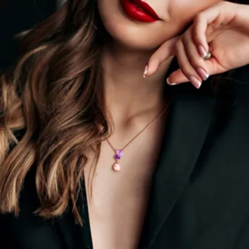 Rose de France, Amethyst-Africa, & 8-8.5MM Pink Freshwater Cultured Pearl Pendant With Chain in Rose Plated Sterling Silver, 17"