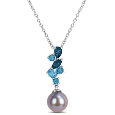 London Blue Topaz & 8-8.5MM Black Freshwater Cultured Pearl Pendant With Chain in Sterling Silver, 17"