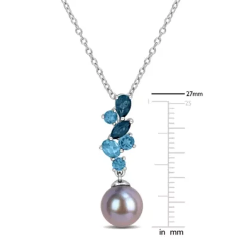 London Blue Topaz & 8-8.5MM Black Freshwater Cultured Pearl Pendant With Chain in Sterling Silver, 17"