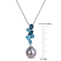 London Blue Topaz & 8-8.5MM Black Freshwater Cultured Pearl Pendant With Chain in Sterling Silver, 17"