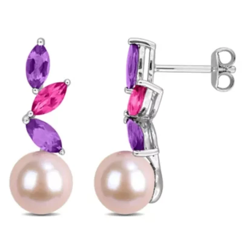 Amethyst-Africa. Pink Topaz & 8-8.5MM Pink Freshwater Cultured Pearl Drop Earrings in Sterling Silver