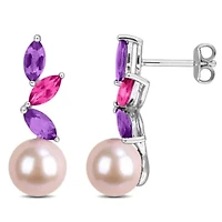 Amethyst-Africa. Pink Topaz & 8-8.5MM Pink Freshwater Cultured Pearl Drop Earrings in Sterling Silver
