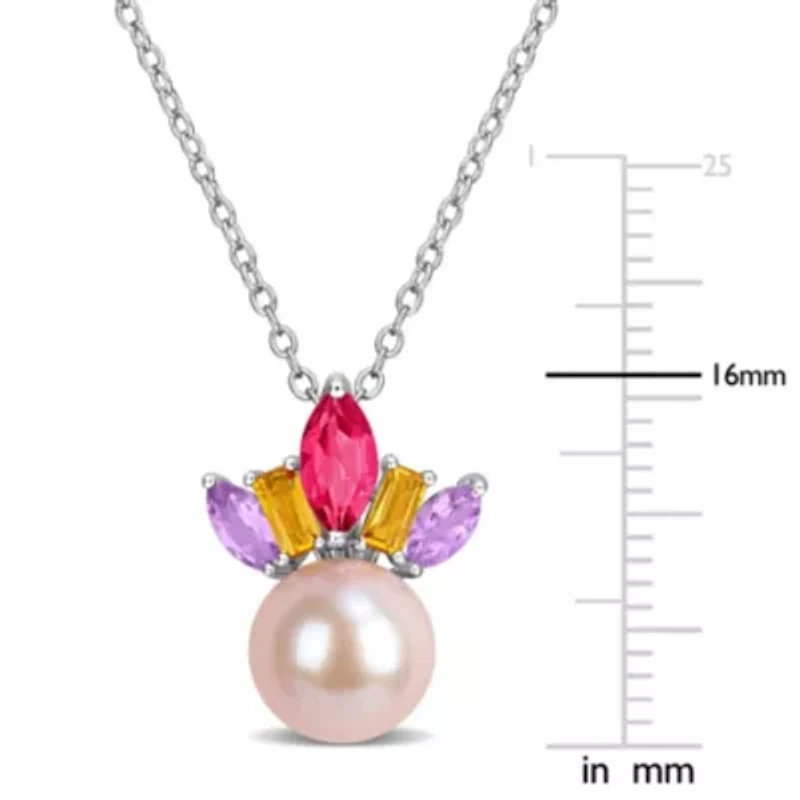 Pink Topaz, Citrine, Rose de France & 7.5-8MM Pink Freshwater Cultured Pearl Pendant With Chain in Sterling Silver, 17"