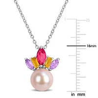 Pink Topaz, Citrine, Rose de France & 7.5-8MM Pink Freshwater Cultured Pearl Pendant With Chain in Sterling Silver, 17"