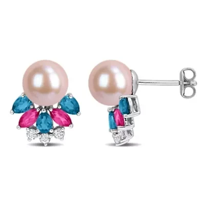 London Blue, Pink, & White Topaz & 8-8.5MM Pink Freshwater Cultured Pearl Earrings in Sterling Silver