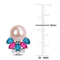 London Blue, Pink, & White Topaz & 8-8.5MM Pink Freshwater Cultured Pearl Earrings in Sterling Silver