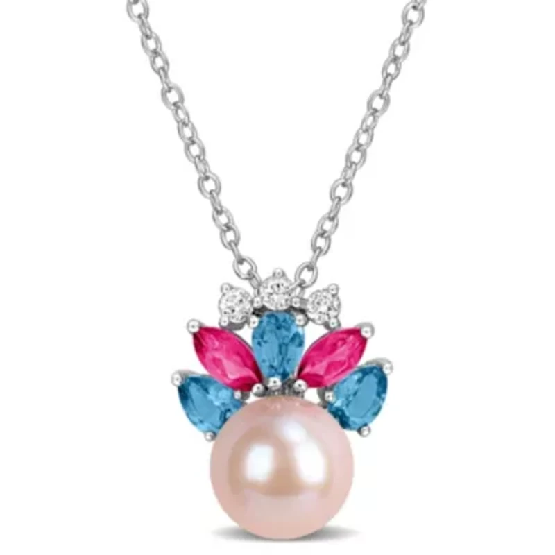 London Blue, Pink & White Topaz & 8-8.5MM Pink Freshwater Cultured Pearl Pendant With Chain in Sterling Silver, 17"