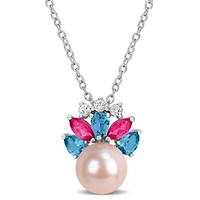 London Blue, Pink & White Topaz & 8-8.5MM Pink Freshwater Cultured Pearl Pendant With Chain in Sterling Silver, 17"