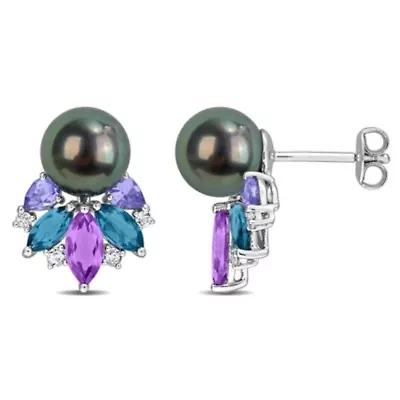 Amethyst-Africa, London Blue & White Topaz with Tanzanite & 8-8.5MM Black Tahitian Cultured Pearl Stud Earrings in Sterling Silver