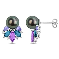 Amethyst-Africa, London Blue & White Topaz with Tanzanite & 8-8.5MM Black Tahitian Cultured Pearl Stud Earrings in Sterling Silver