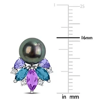 Amethyst-Africa, London Blue & White Topaz with Tanzanite & 8-8.5MM Black Tahitian Cultured Pearl Stud Earrings in Sterling Silver