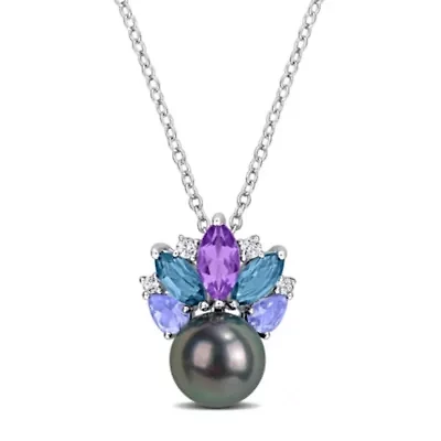 Amethyst-Africa, London Blue Topaz, Tanzanite, White Topaz & 8-8.5MM Black Tahitian Cultured Pearl Pendant With Chain in Sterling Silver, 17"