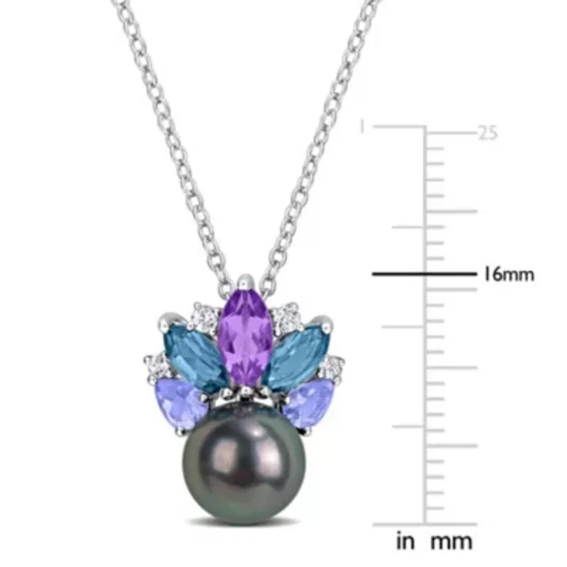 Amethyst-Africa, London Blue Topaz, Tanzanite, White Topaz & 8-8.5MM Black Tahitian Cultured Pearl Pendant With Chain in Sterling Silver, 17"