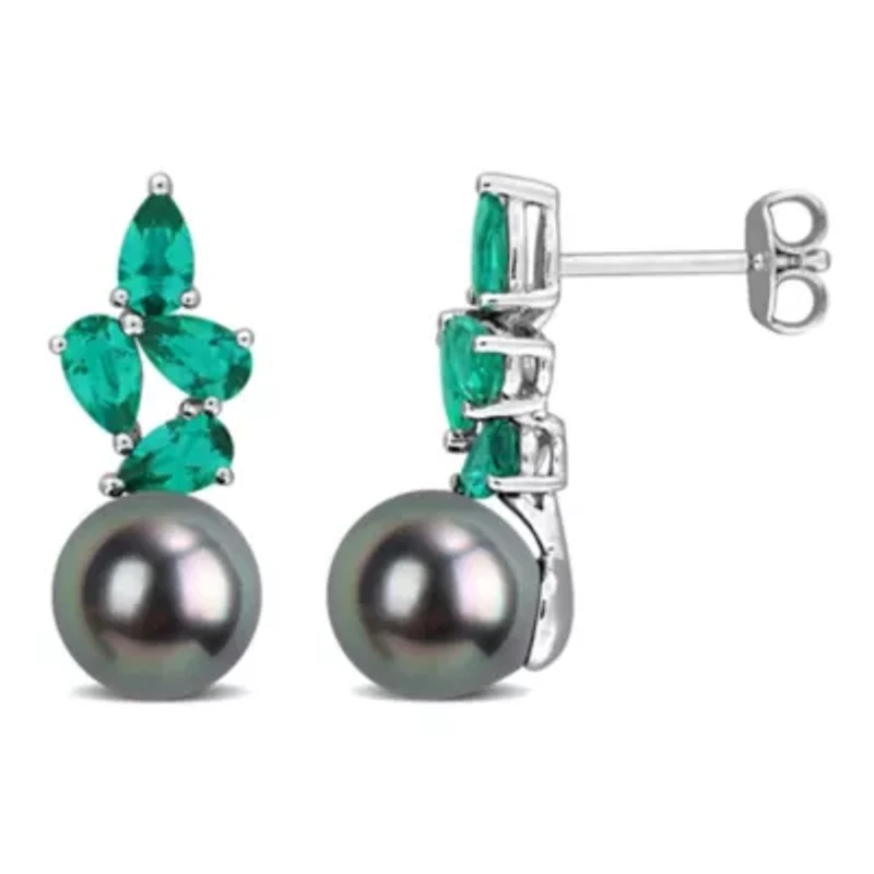 Lab Created Created Emerald & 8-8.5MM Black Tahitian Cultured Pearl Stud Earrings in Sterling Silver