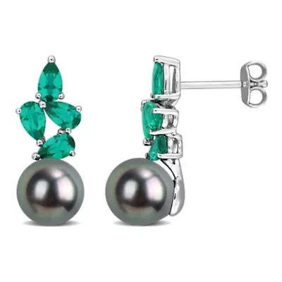 Lab Created Created Emerald & 8-8.5MM Black Tahitian Cultured Pearl Stud Earrings in Sterling Silver
