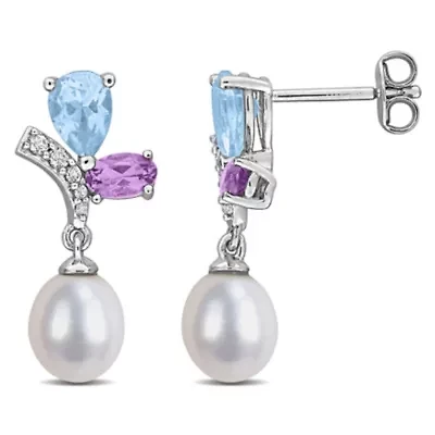 Sky Blue & White Topaz, Rose de France & 6.5-7MM Freshwater Cultured Pearl Drop Earrings in Sterling Silver