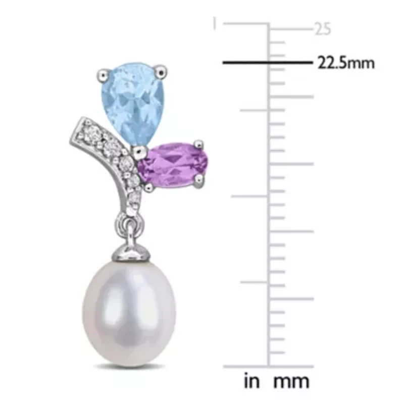 Sky Blue & White Topaz, Rose de France & 6.5-7MM Freshwater Cultured Pearl Drop Earrings in Sterling Silver