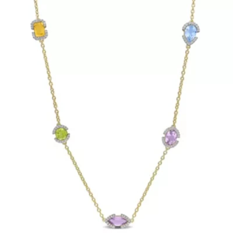 Sky Blue & WhiteTopaz, Rose de France, Amethyst, Peridot & Citrine Necklace in Yellow Plated Sterling Silver, 17"