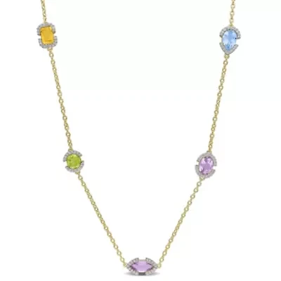 Sky Blue & WhiteTopaz, Rose de France, Amethyst, Peridot & Citrine Necklace in Yellow Plated Sterling Silver, 17"
