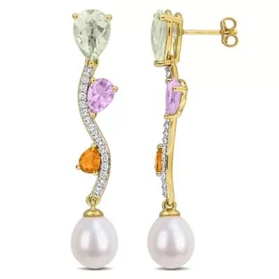 Green, Amethyst, Rose de France, Citrine, White Topaz & 9-9.5MM Freshwater Cultured Pearl Drop Earrings in Yellow Plated Sterling Silver